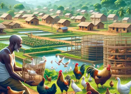 A-picturesque-African-village-depicted-in-digital-art-style-featuring-a-modern-poultry-farm-in-the-foreground